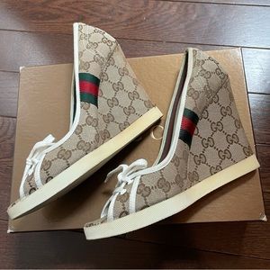 Gucci ‘Olimpia’ high heel lace up monogram wedge sandals